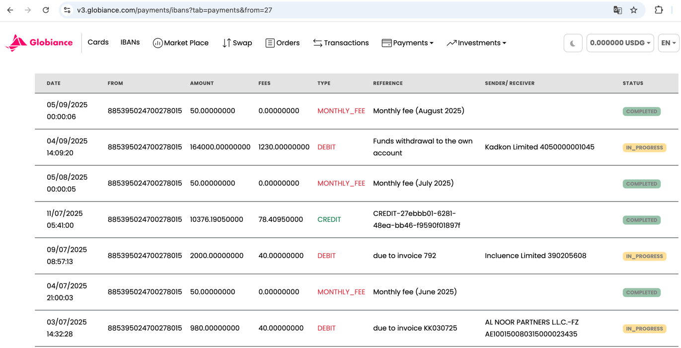 Transaction screenshot v3globiancecom