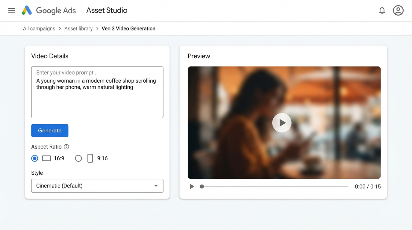 Google Ads Asset Studio Veo 3 video generation interface with text prompt and video preview