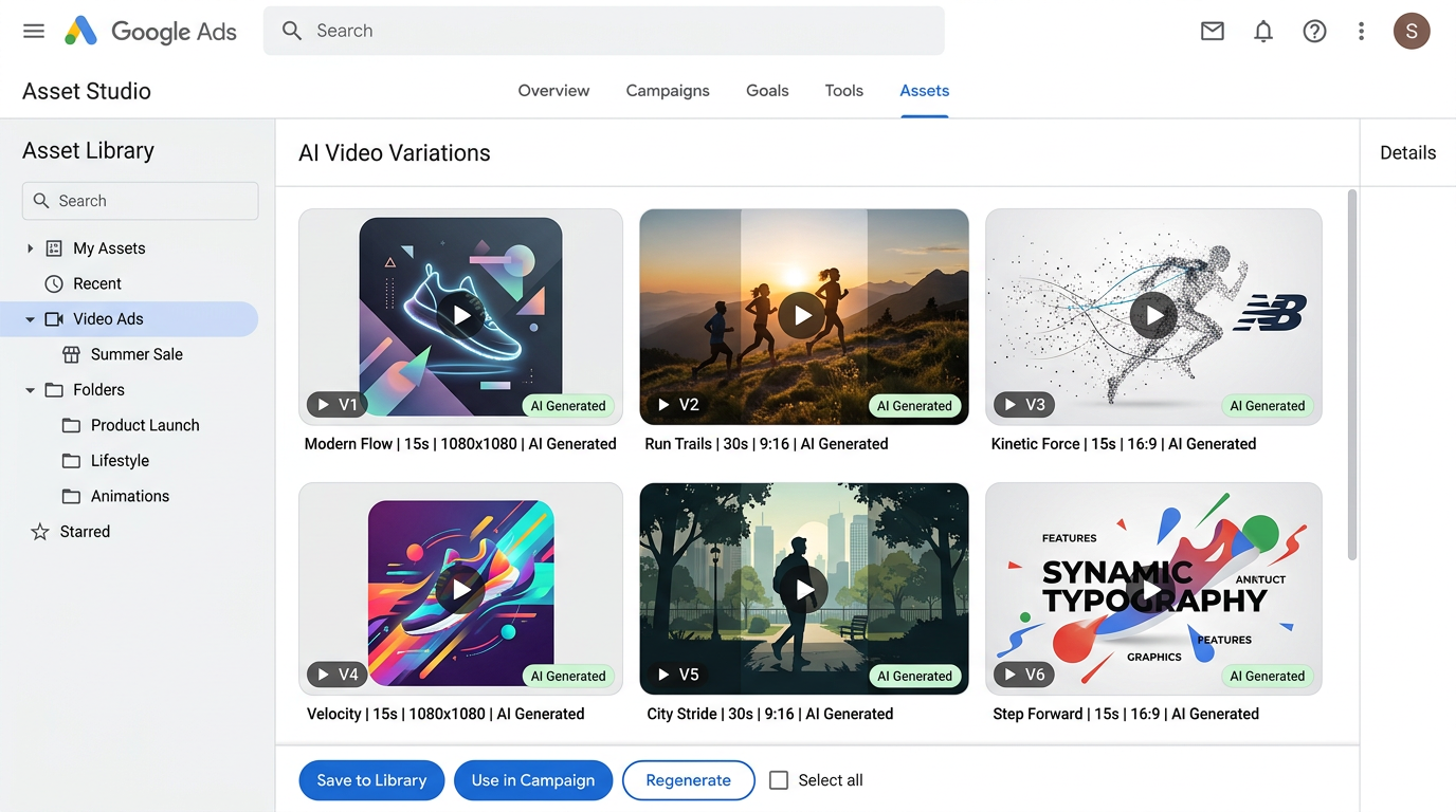 Google Ads Asset Studio AI video variations grid with Save to Library and Use in Campaign options