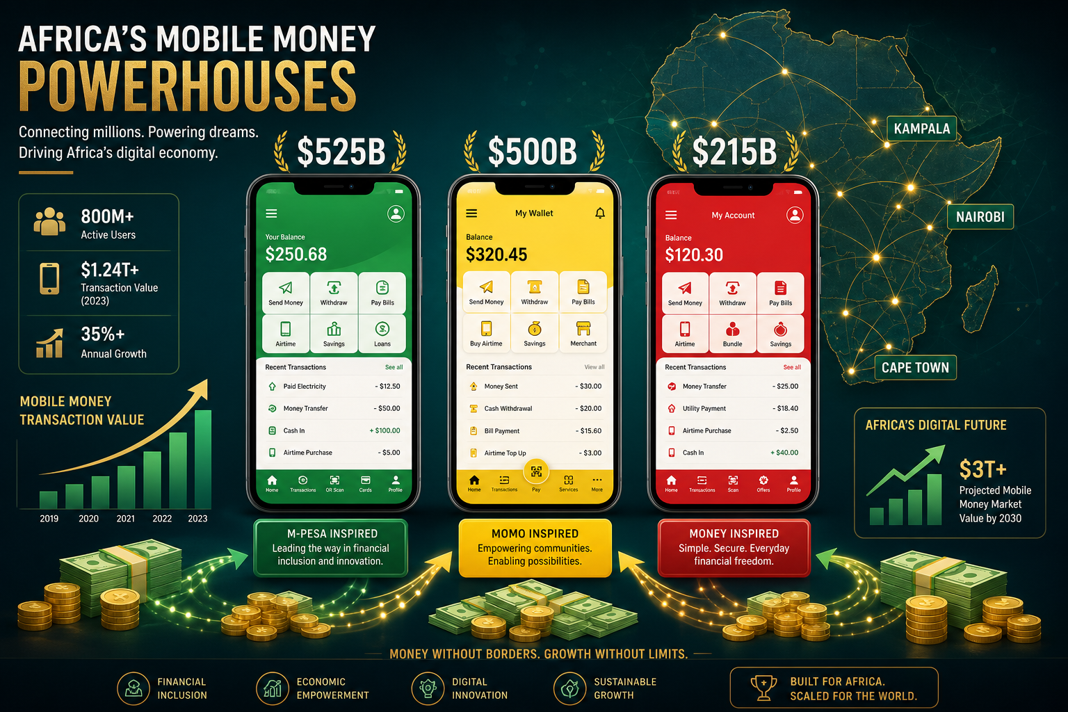Africa's mobile money powerhouses — M-Pesa, MTN MoMo, Airtel Money — process $525B, $500B and $215B in annual transaction value