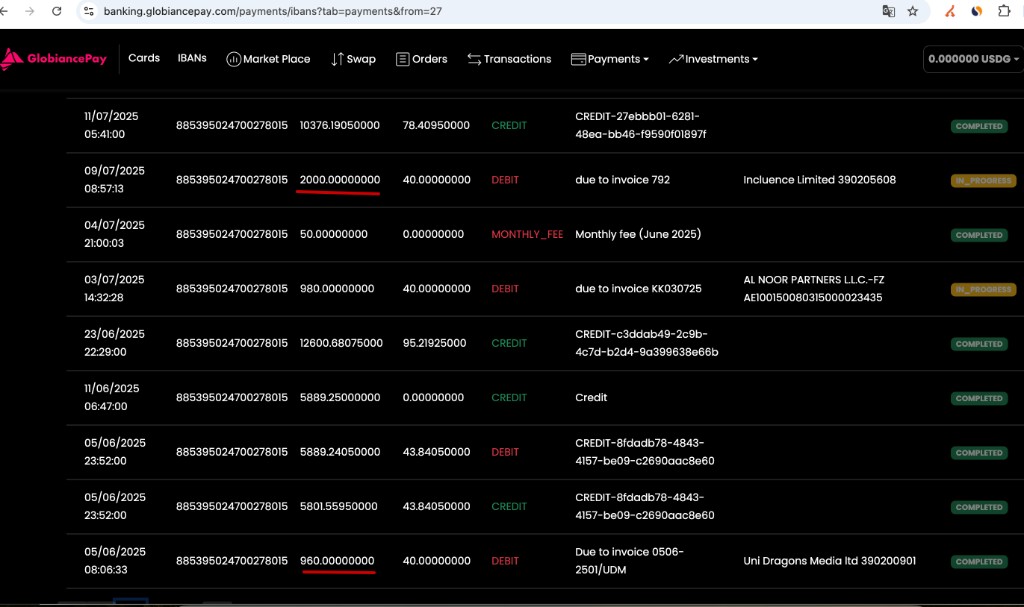 GlobiancePay dashboard — outgoing DEBIT payments June–July 2025, showing $960 completed and $2000 IN_PROGRESS