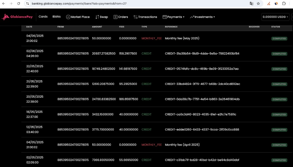 GlobiancePay dashboard — incoming CREDIT transfers April–June 2025
