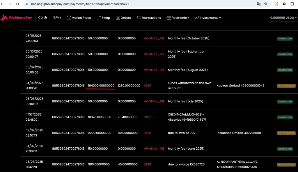 GlobiancePay dashboard — $164,000 withdrawal IN_PROGRESS since September 2025