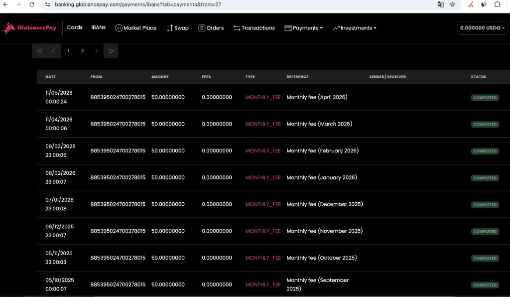 GlobiancePay dashboard showing monthly fees COMPLETED while withdrawal IN_PROGRESS
