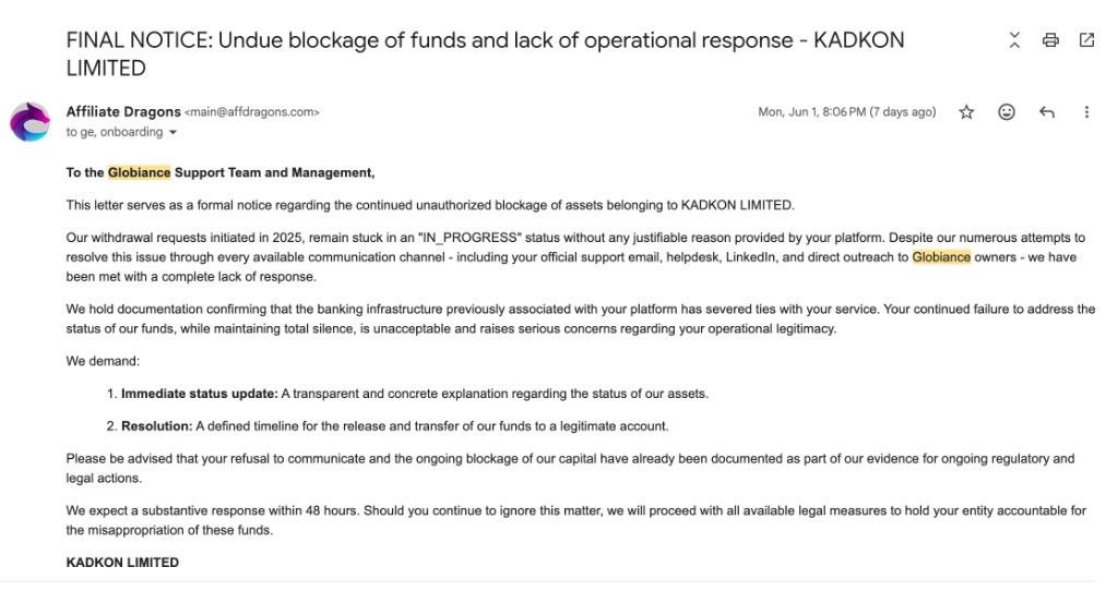 Final Notice email to GlobiancePay June 2026