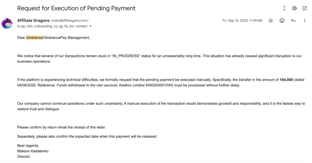First formal email to GlobiancePay - Request for Execution of Pending Payment, September 12, 2025
