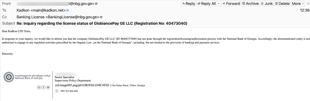 National Bank of Georgia official email confirming GlobiancePay GE LLC is not licensed (June 10, 2026)