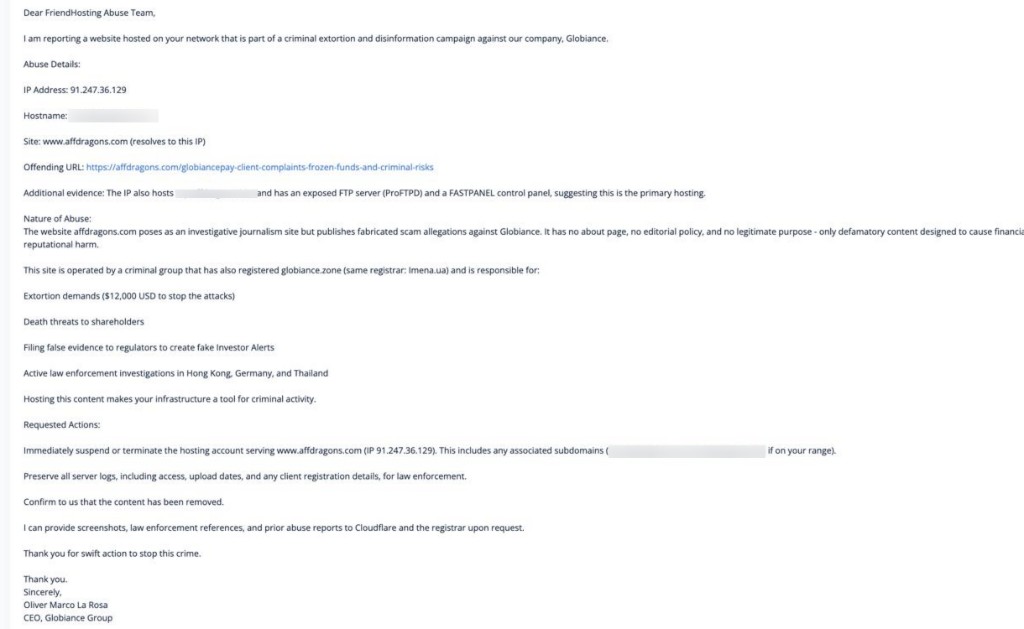 Oliver Marco La Rosa abuse report to FriendHosting — full text of the complaint against affdragons.com, May 2026