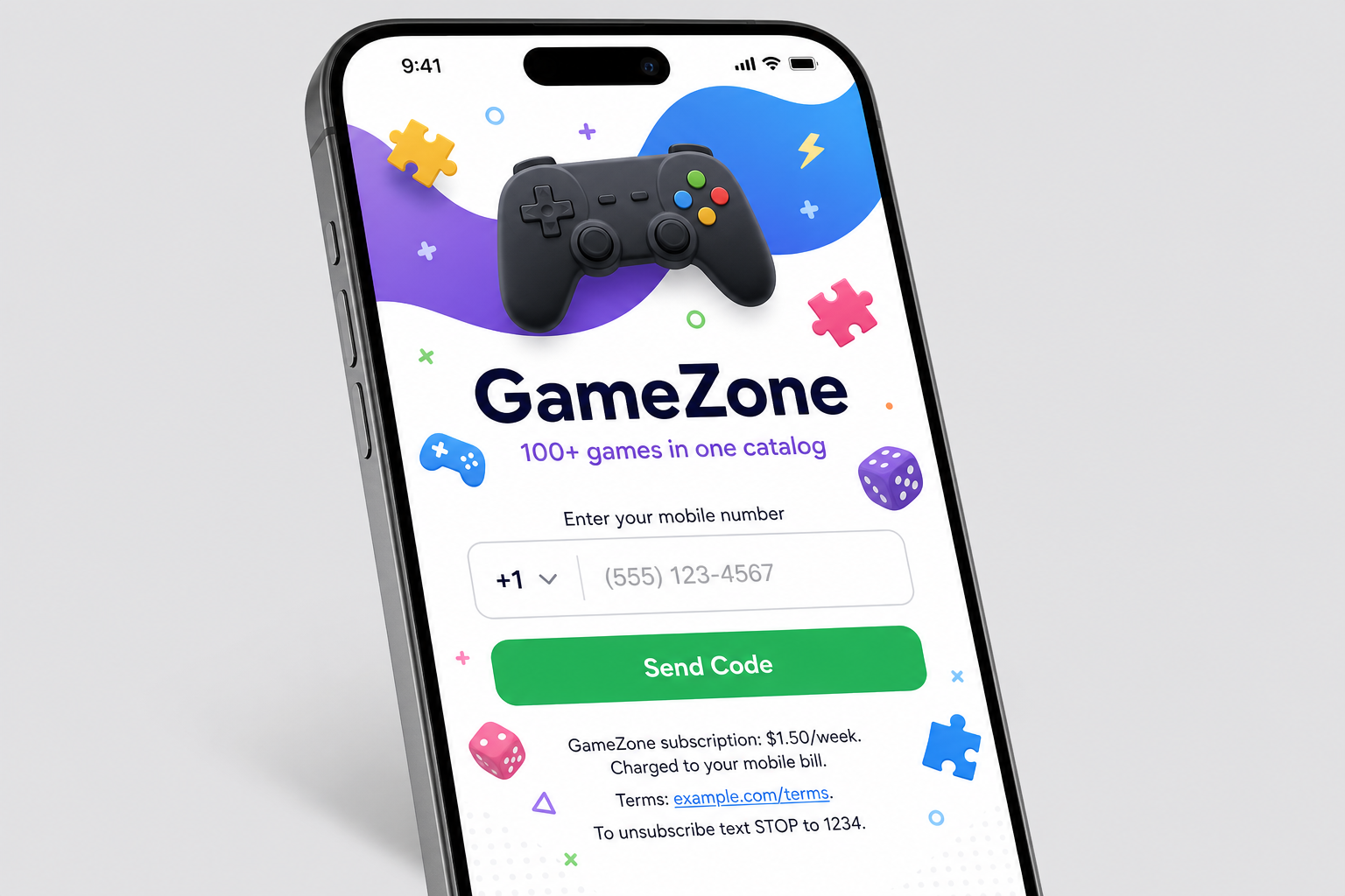 Step 1: Phone number entry — GameZone service with 100+ games, game icons, compliance text