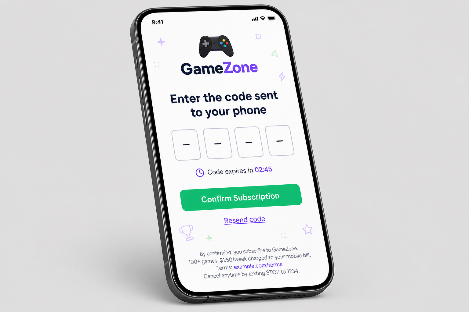 Step 2: PIN code entry — GameZone branding, 4-digit input, countdown timer, compliance disclosure