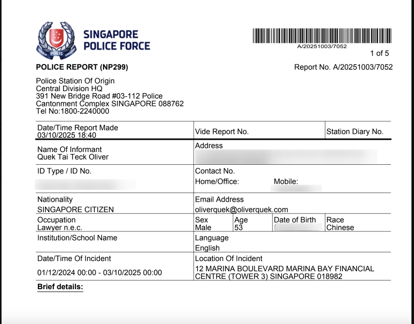 Singapore Police Force report — GlobiancePay fraud case A/20251003/7052, page 1