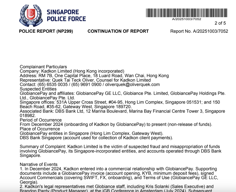 Singapore Police Force report — GlobiancePay fraud case A/20251003/7052, page 2