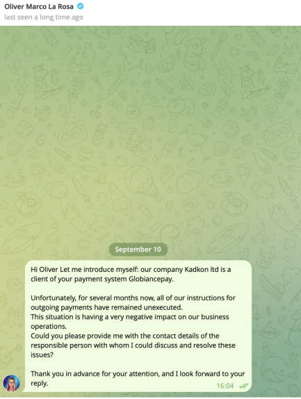 Telegram message to Oliver Marco La Rosa - no reply