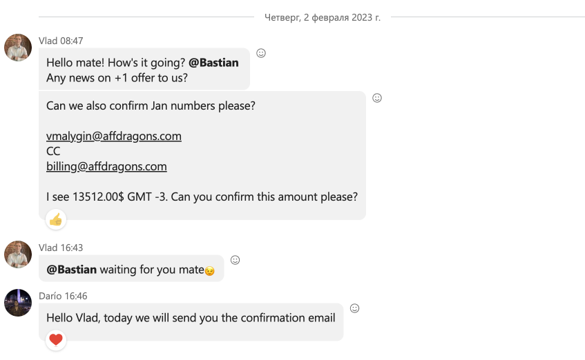 Movix Chile unpaid affiliate invoices β correspondence screenshot, February 2, 2023