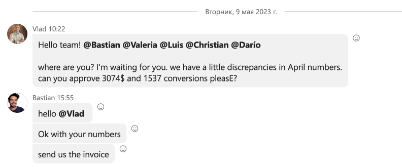 Movix Chile unpaid affiliate invoices β correspondence screenshot, May 9, 2023