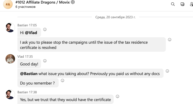 Movix Chile unpaid affiliate invoices β correspondence screenshot, September 20, 2023