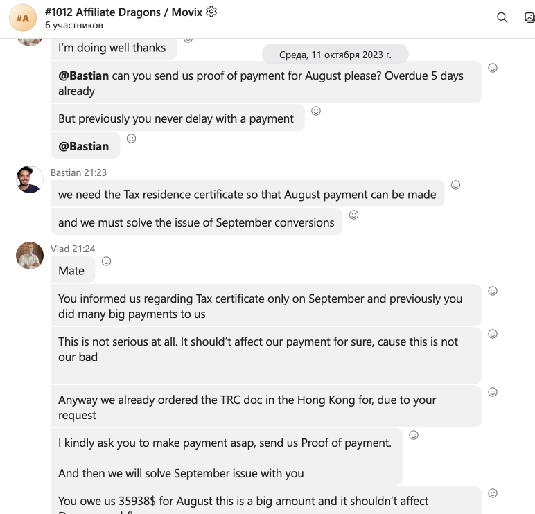 Movix Chile unpaid affiliate invoices β correspondence screenshot, October 11, 2023