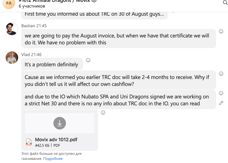 Movix Chile unpaid affiliate invoices β correspondence screenshot, October 11, 2023