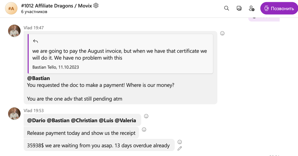 Movix Chile unpaid affiliate invoices β correspondence screenshot, October 18, 2023