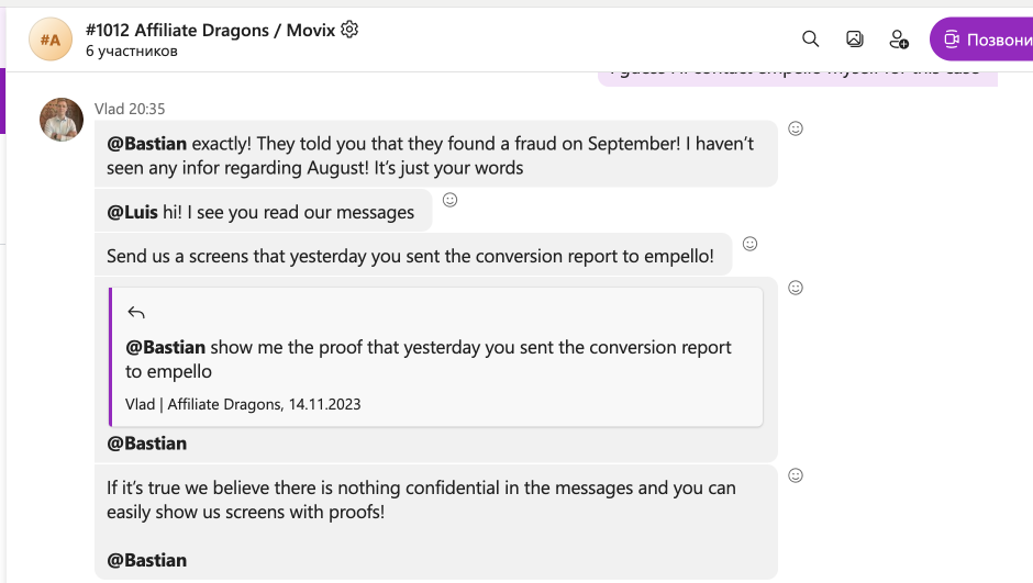 Movix Chile unpaid affiliate invoices β correspondence screenshot, November 14, 2023