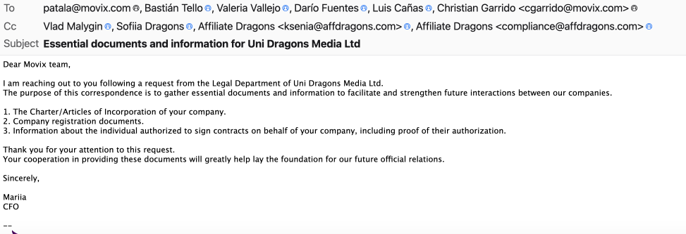 Movix Chile unpaid affiliate invoices β correspondence screenshot, December 6, 2023