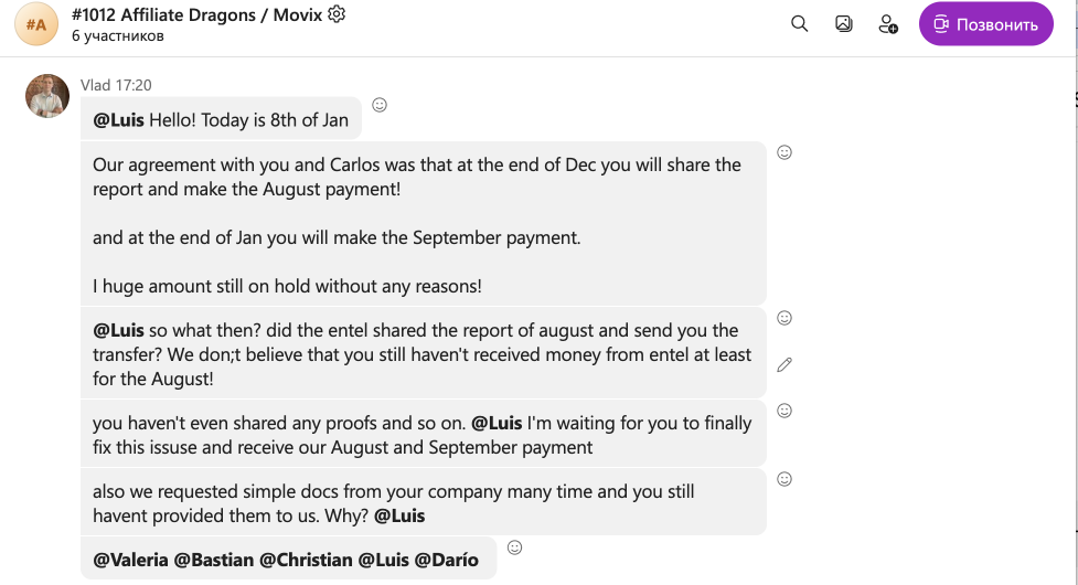 Movix Chile unpaid affiliate invoices β correspondence screenshot, January 8, 2024