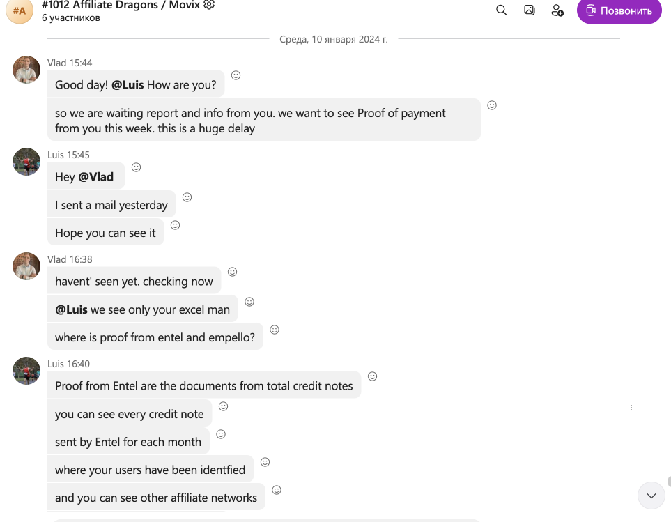 Movix Chile unpaid affiliate invoices β correspondence screenshot, January 8, 2024