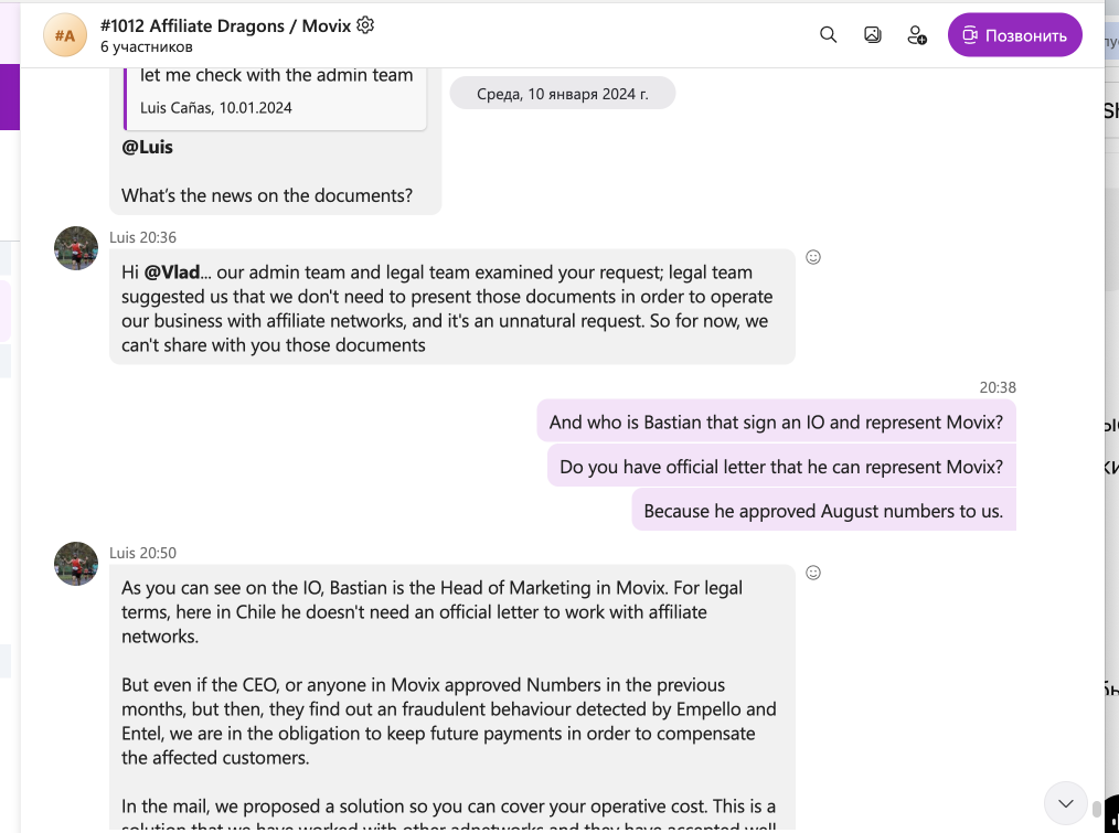 Movix Chile unpaid affiliate invoices β correspondence screenshot, January 10, 2024
