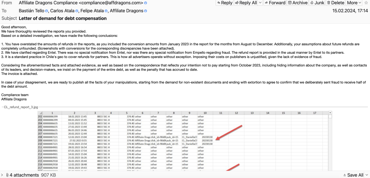 Movix Chile unpaid affiliate invoices β correspondence screenshot, February 15, 2024