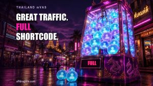 Thailand mVAS offers: a claw machine packed full of subscriber orbs on a neon Bangkok street, display reading FULL