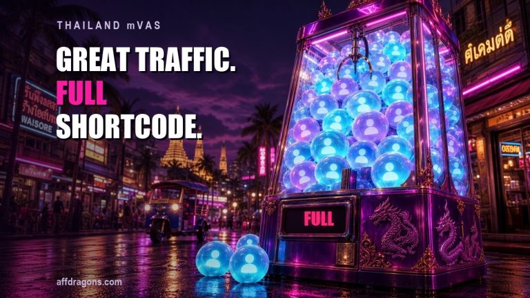 Thailand mVAS offers: a claw machine packed full of subscriber orbs on a neon Bangkok street, display reading FULL